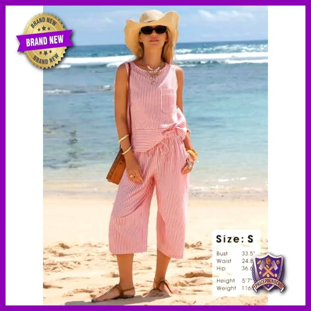 Striped Sleeveless Top & Wide Leg Capri Pants Set Faux Linen Summer Outfit